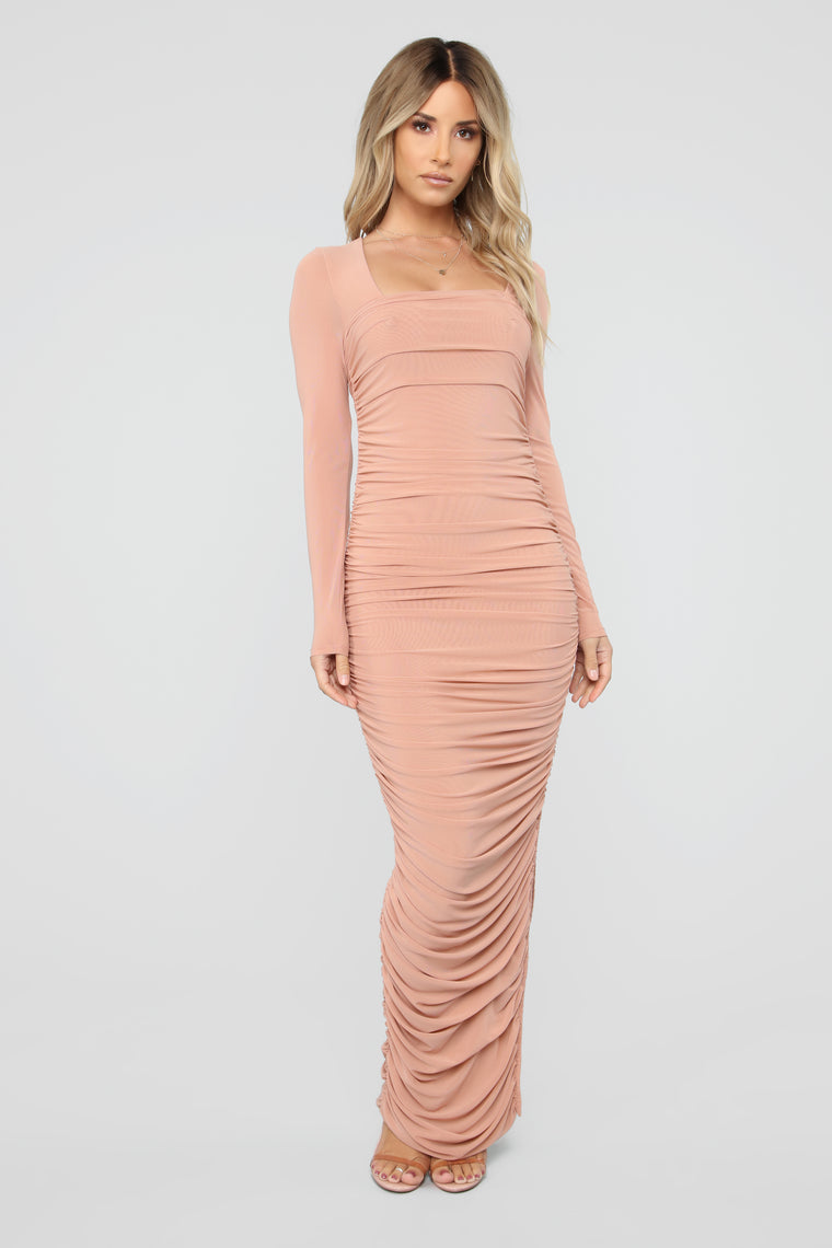 long sleeve ruched maxi dress