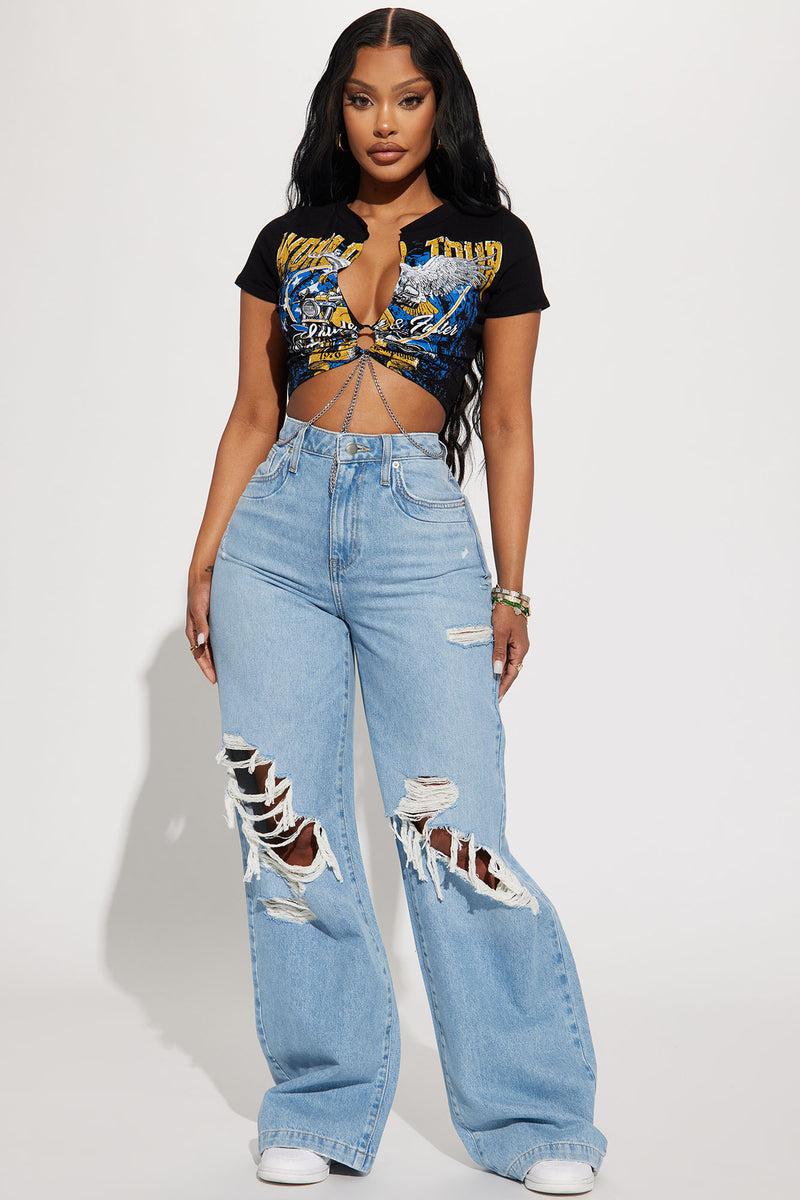 Not A Chance Ripped Non Stretch Wide Leg Jeans - Light Wash | Fashion ...