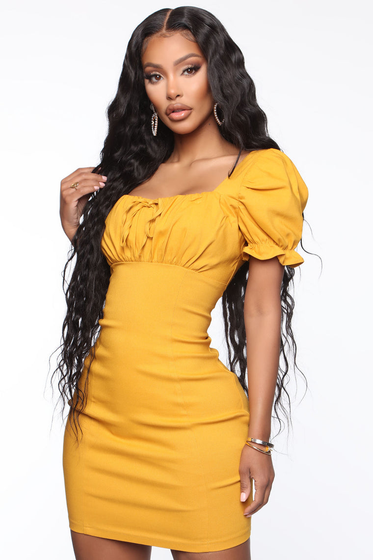 mustard yellow dress fashion nova