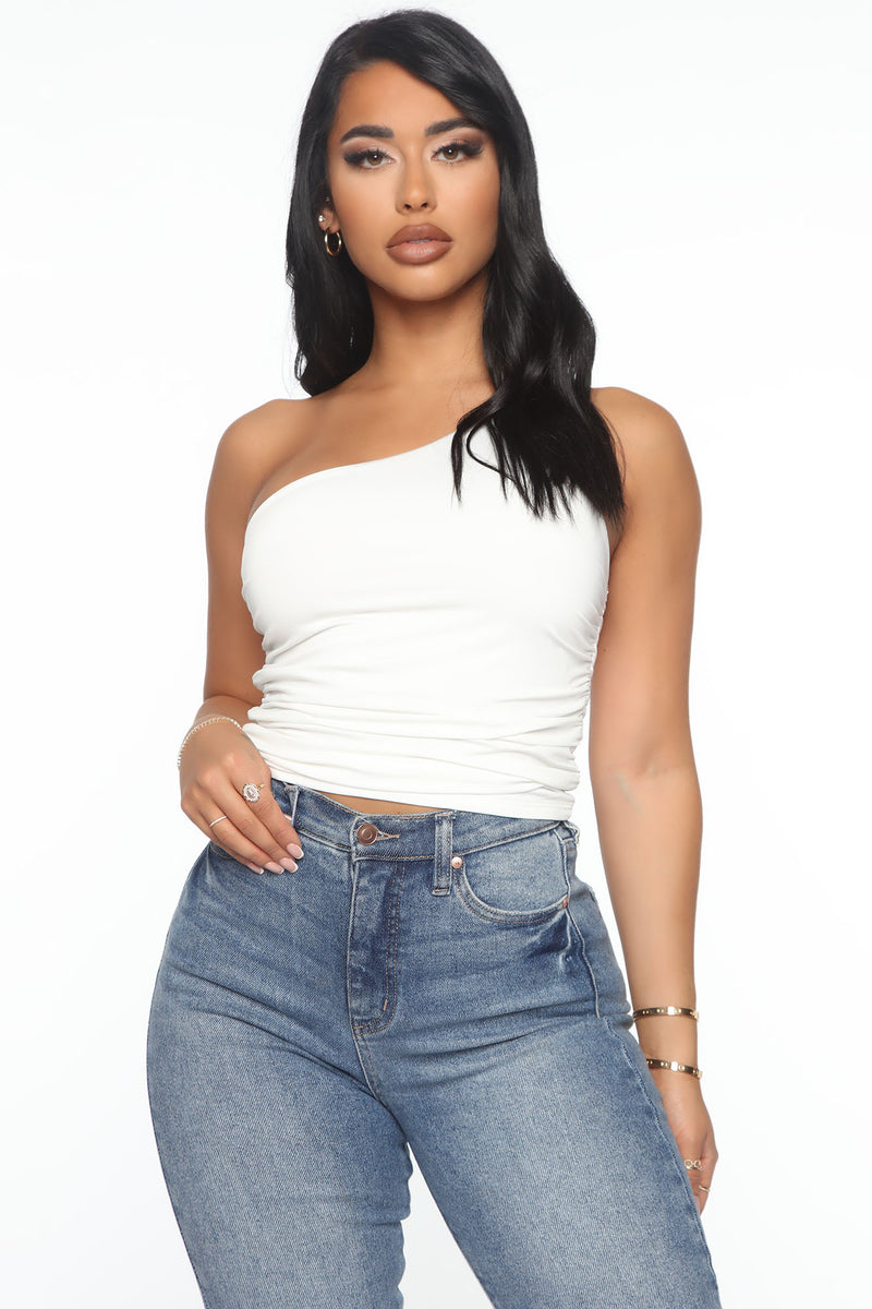 One Way One Shoulder Ruched Top - Ivory | Fashion Nova, Knit Tops ...