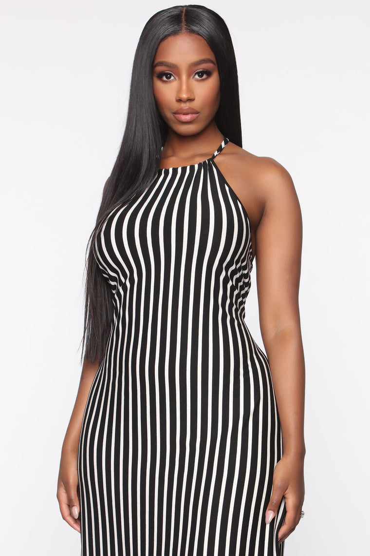 white and black striped maxi dress