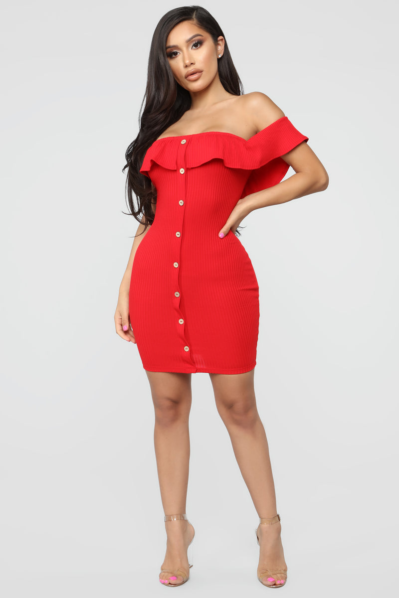 red off the shoulder dress pretty little thing