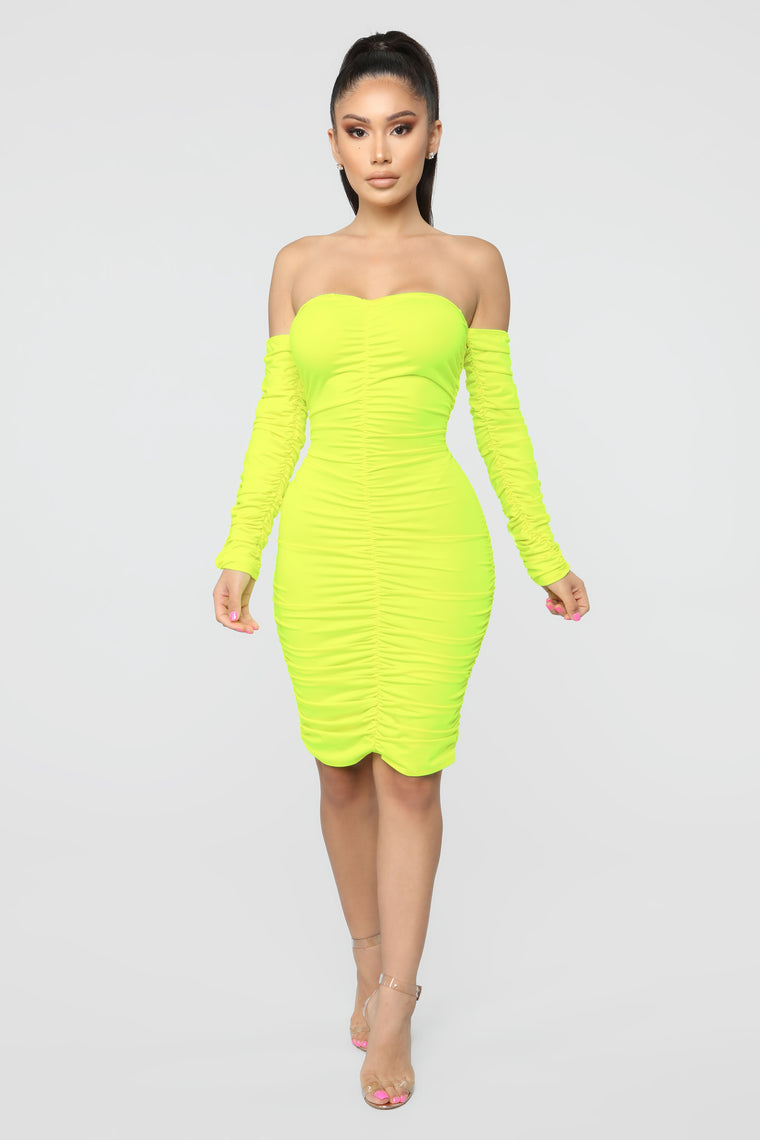 yellow ruched midi dress