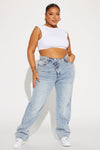 Step Waistband Crossover Jeans - Light Blue Wash