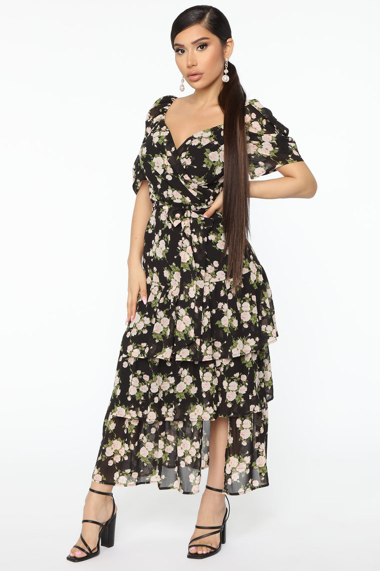 black pink floral dress