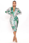 Becoming Richer Satin Shirt Dress - Green/combo