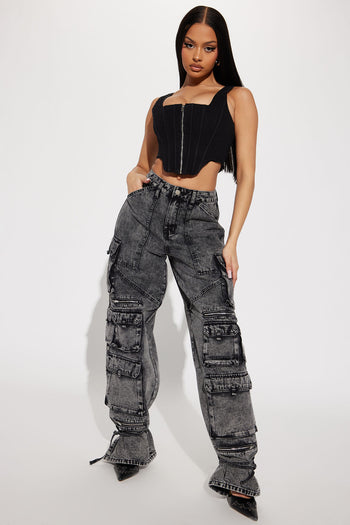 Somehow Somewhere Non Stretch Cargo Straight Leg Jeans - Acid Wash