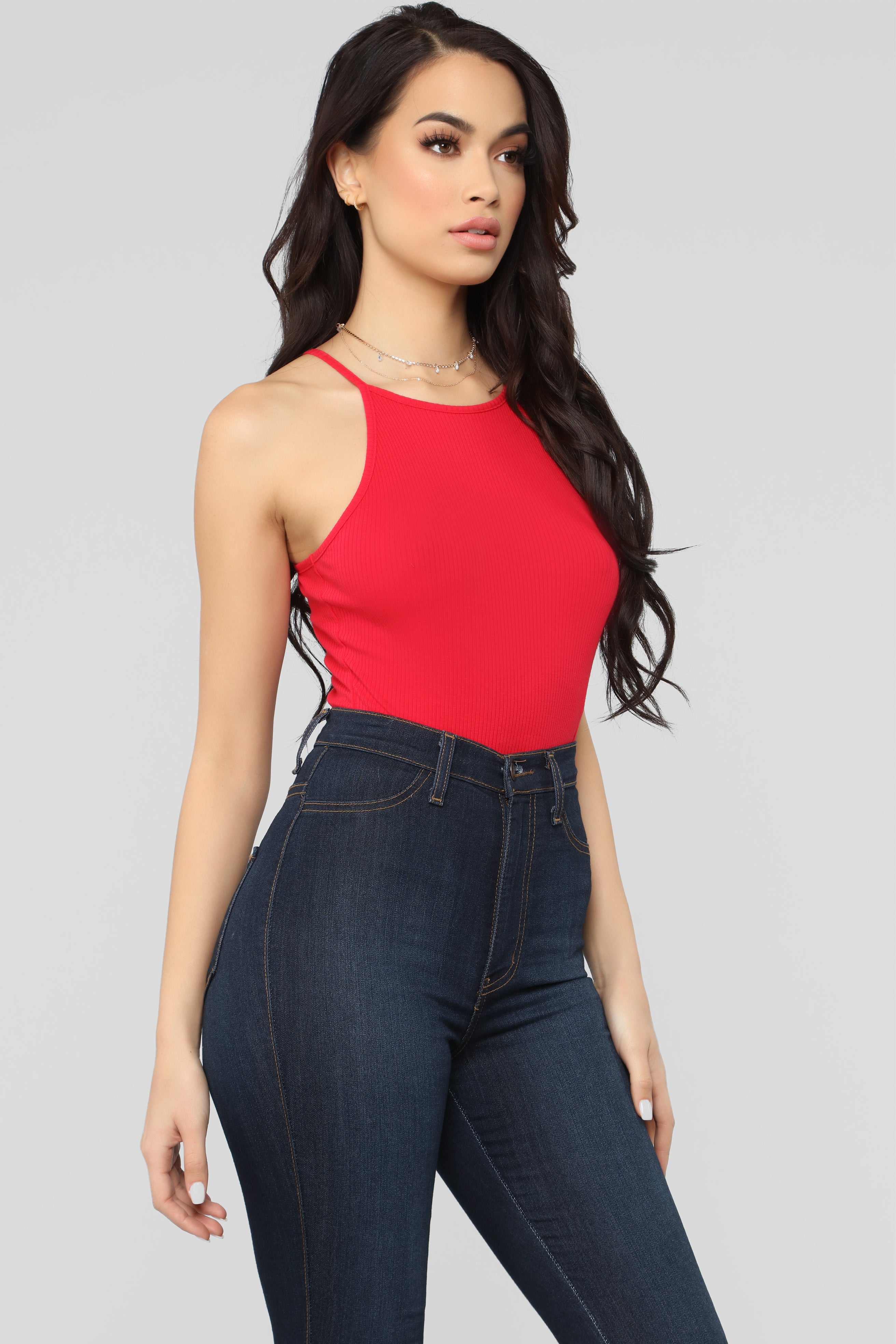 red halter bodysuit