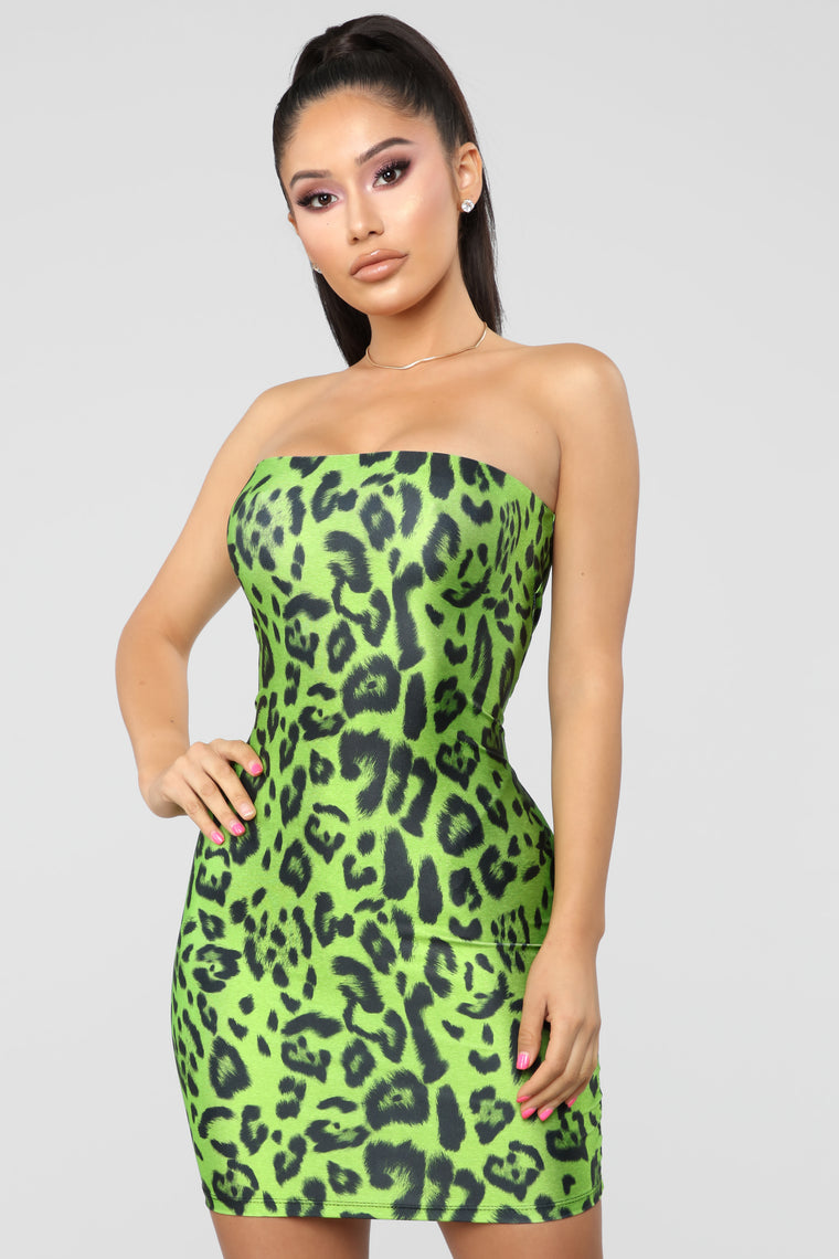 green and black animal print dress