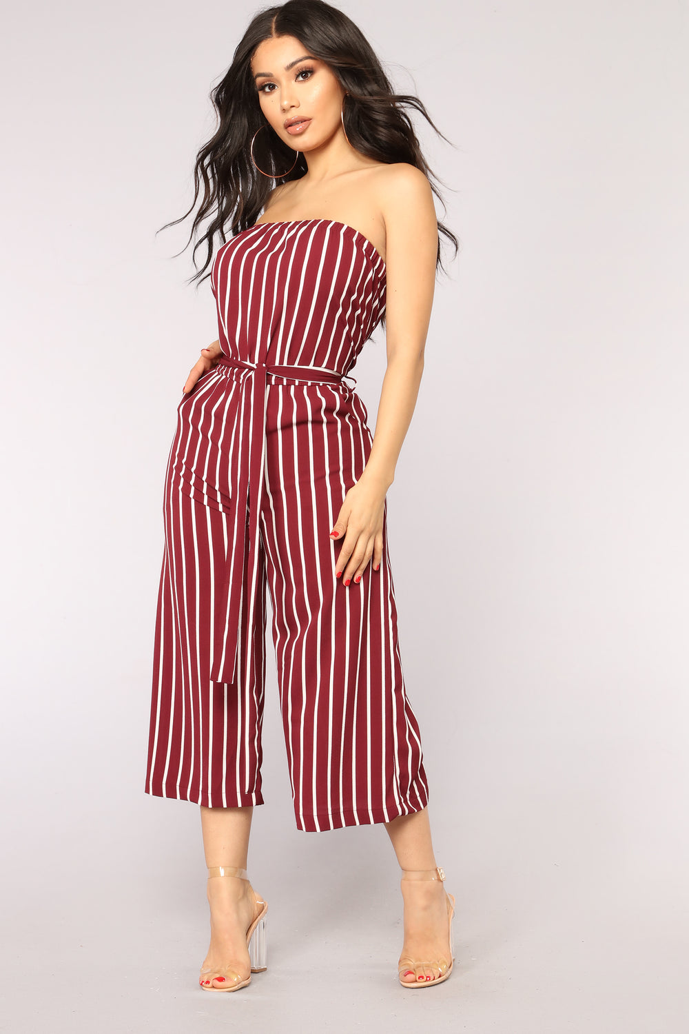 Across The Pond Striped Jumpsuit - Burgundy/White