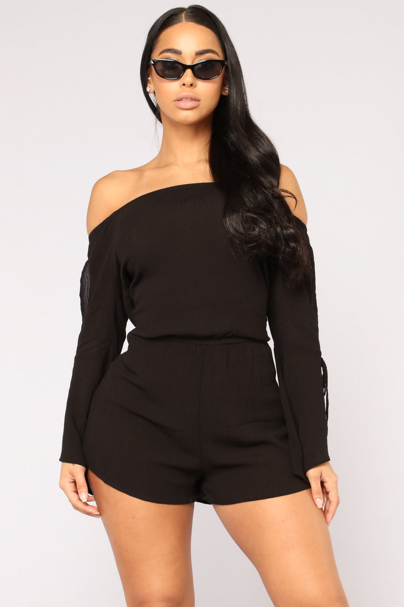 Maine Off Shoulder Romper - Black | Fashion Nova, Rompers | Fashion Nova