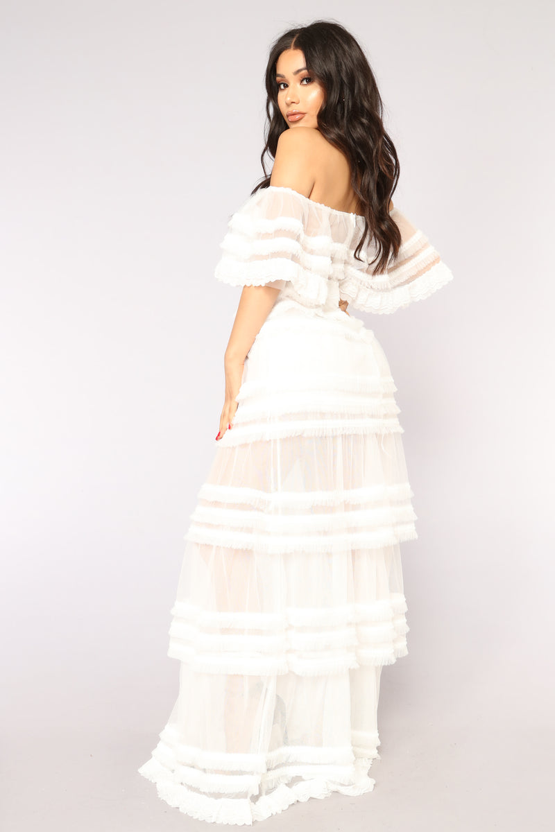 white ruched mesh dress