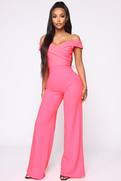 off shoulder jumpsuit pink