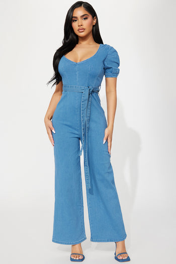 Puff Sleeve Tie Waist Medium Wash Denim Jumpsuit