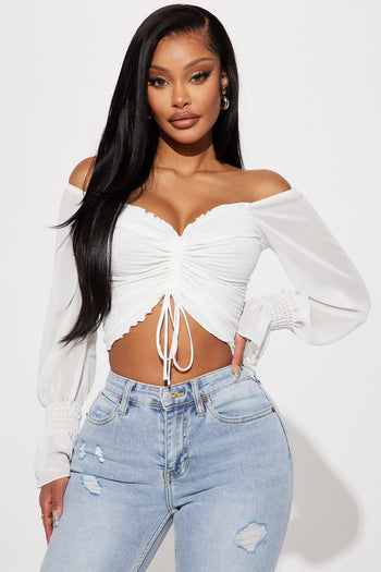 Sasha  Ruched Sheer Lace Long Sleeve Crop Top ( White ) FINAL SALE