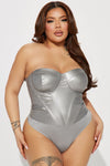 Valentina Metallic PU Corset Bodysuit - Silver