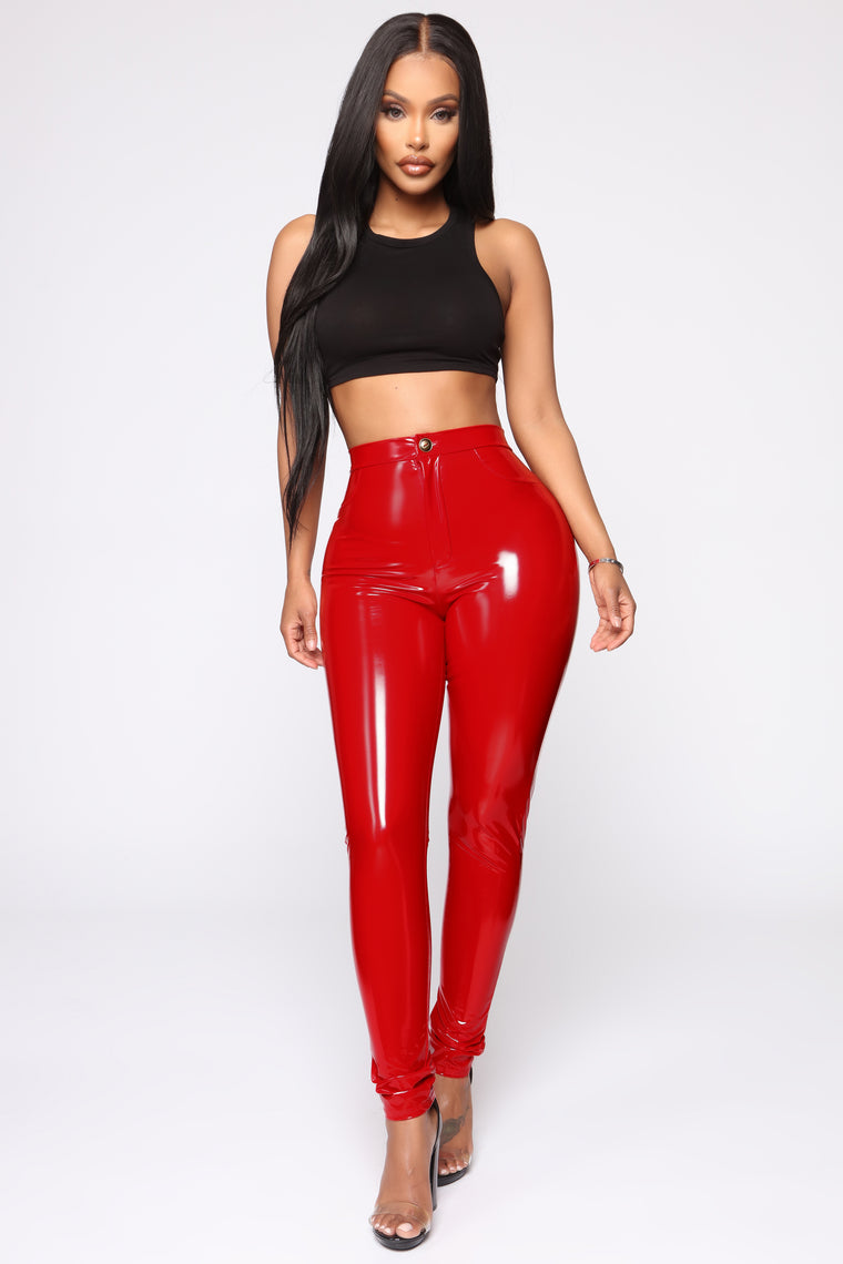 red vinyl flare pants