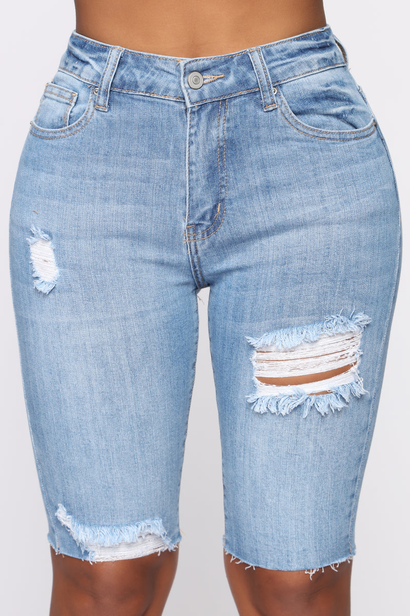 You Go Girl Distressed Bermuda Shorts - Light Blue Wash | Fashion Nova ...