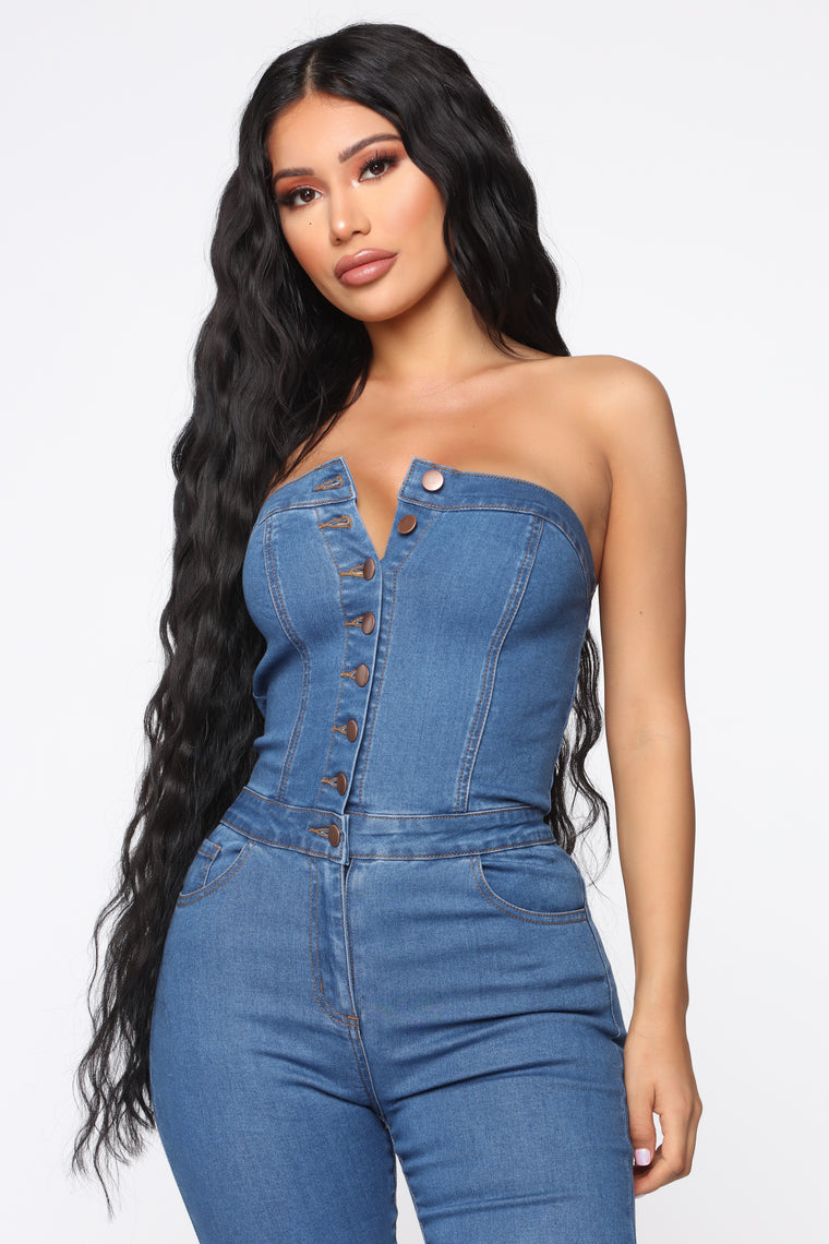 fashion nova blue jean jumpsuit