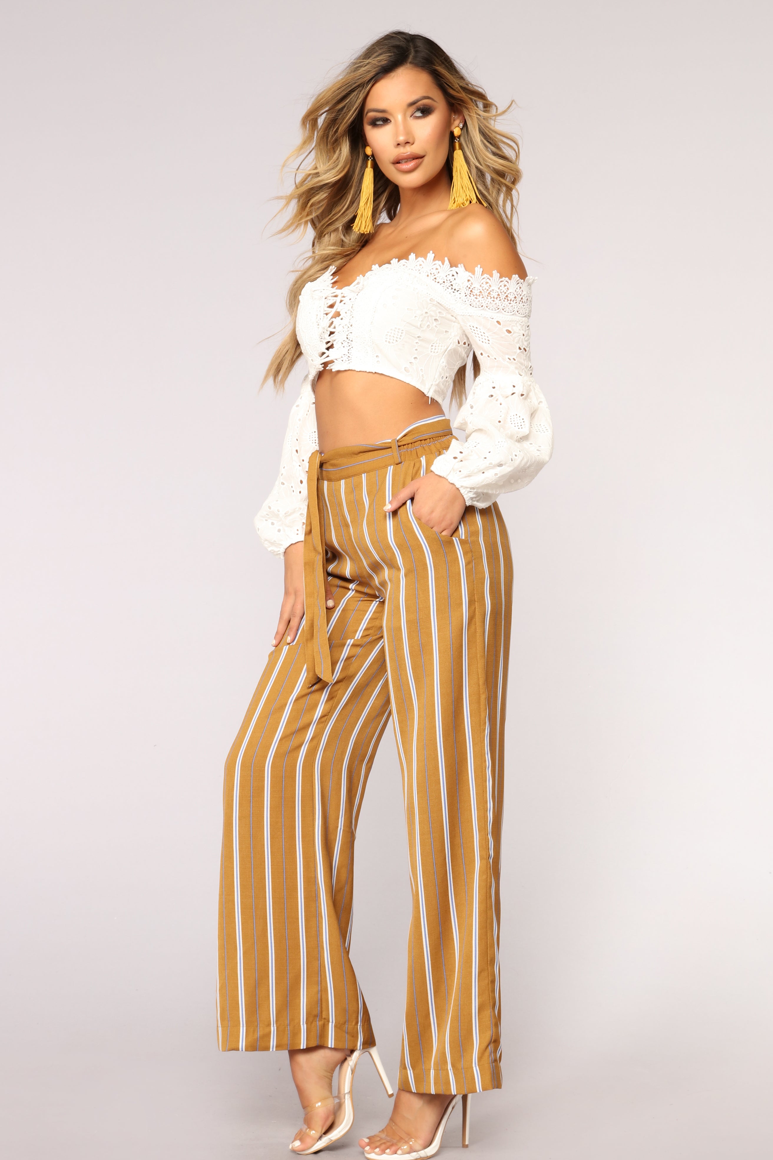 mustard and white striped pants