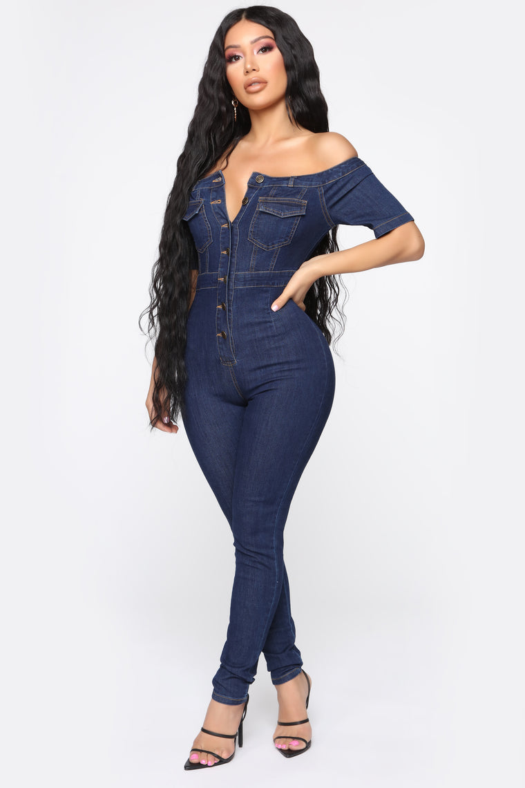 off the shoulder denim jumpsuit