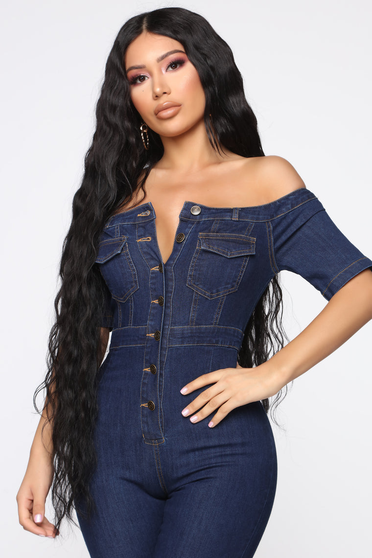 Trinity Off Shoulder Denim Jumpsuit - Dark Wash