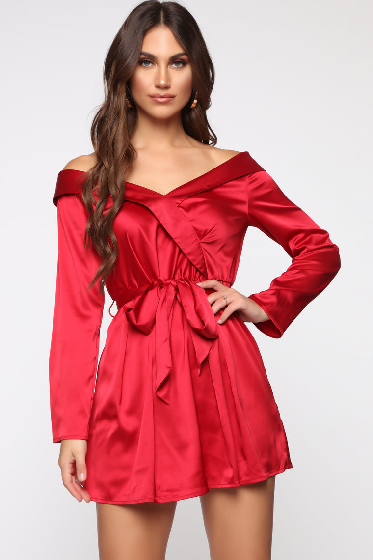 off the shoulder red mini dress