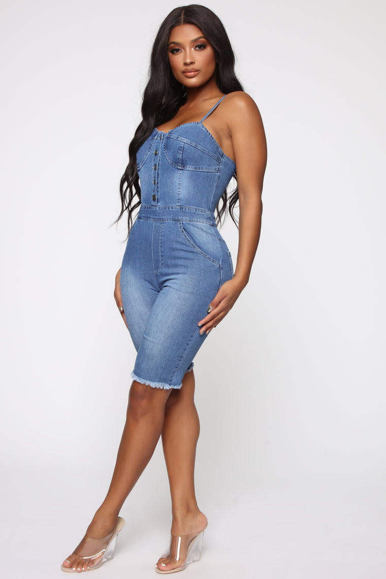 Missing You Crazy Denim Biker Romper - Medium Wash – Fashion Nova