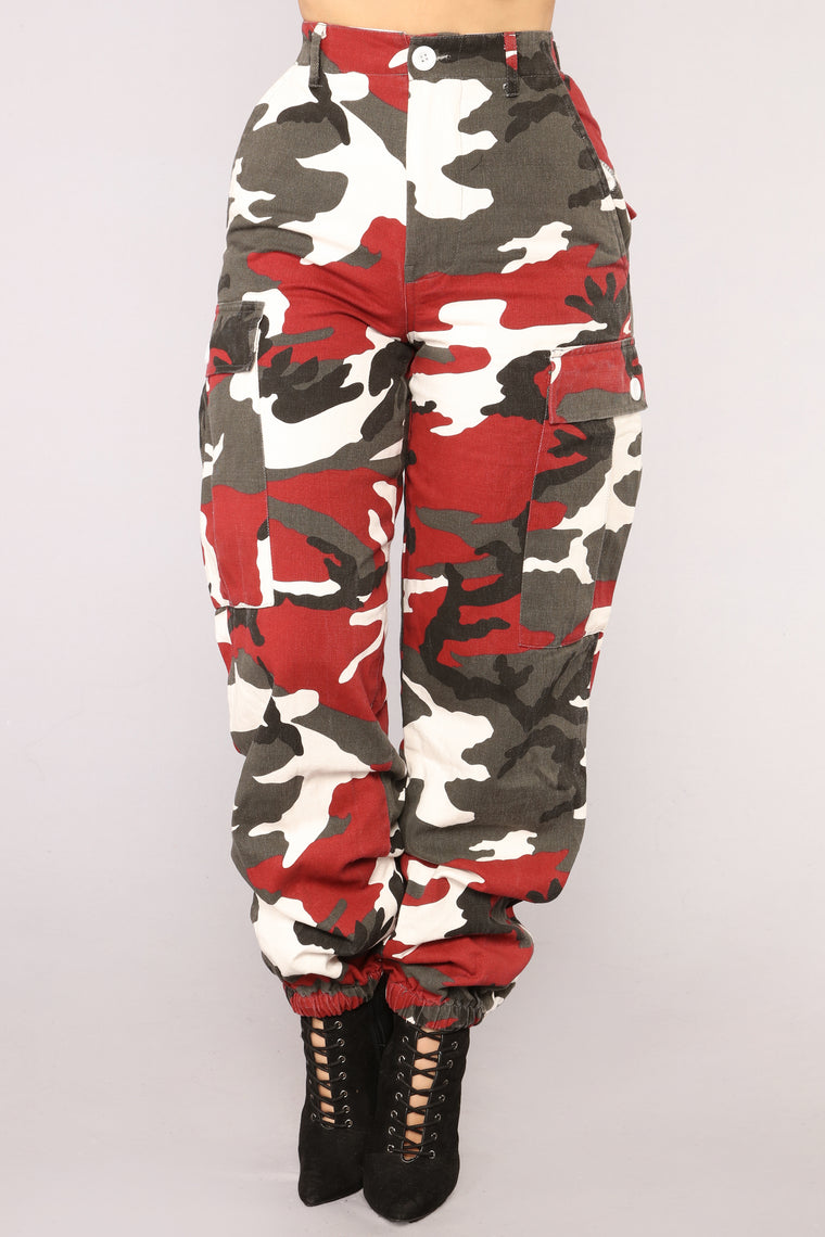 red and gray camo pants