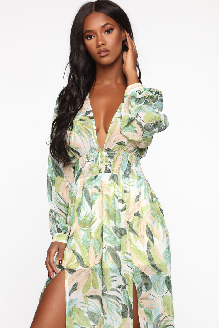 Tropics Of Isle Chiffon Maxi Dress - Green/Peach – Fashion Nova