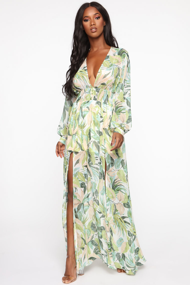 Tropics Of Isle Chiffon Maxi Dress - Green/Peach - Dresses - Fashion Nova