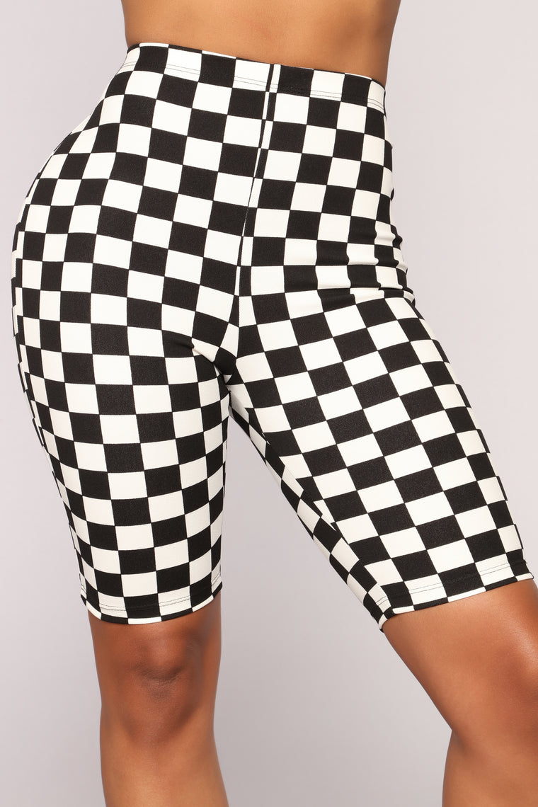 black and white checkered biker shorts