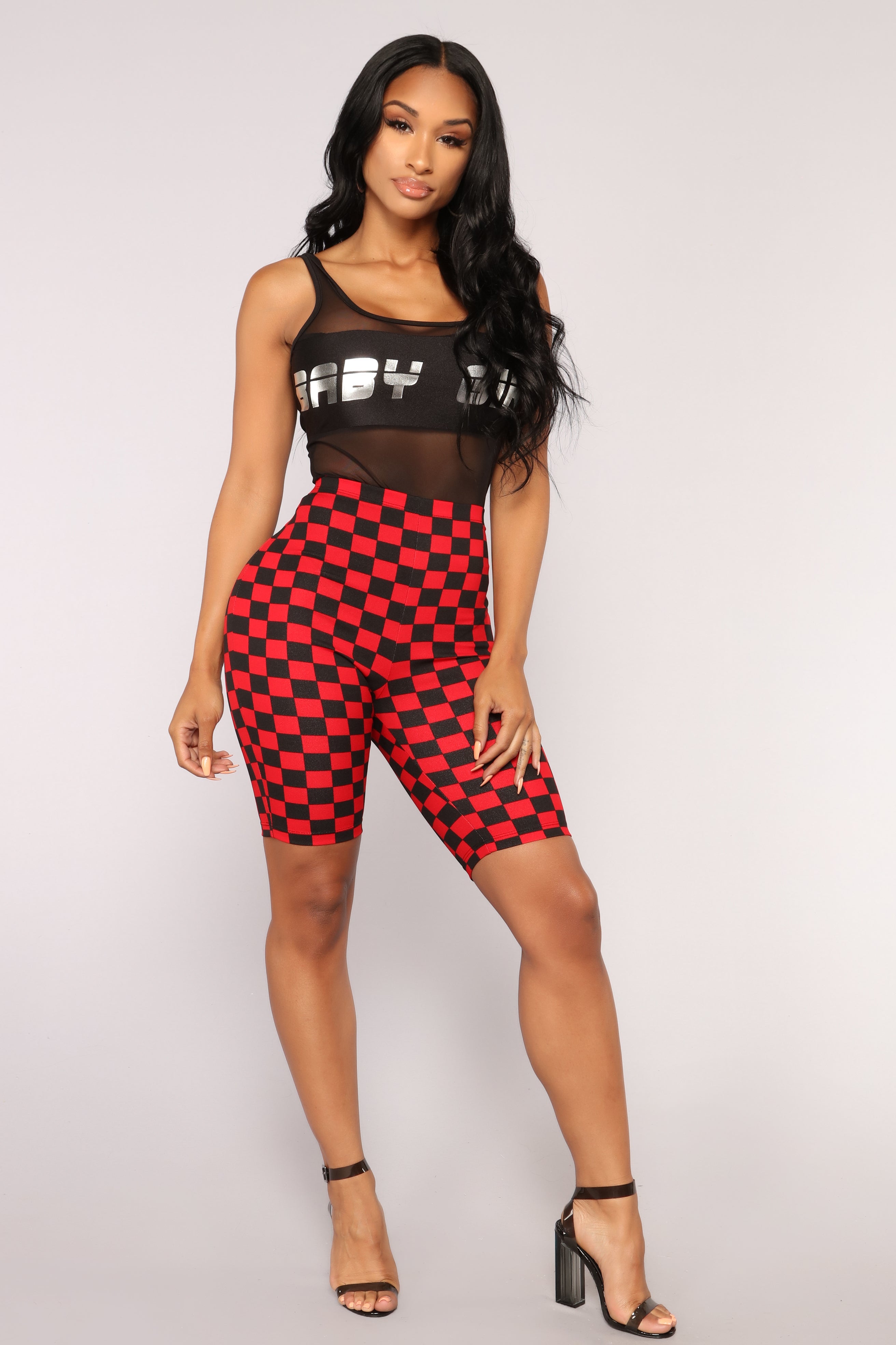 red and black biker shorts