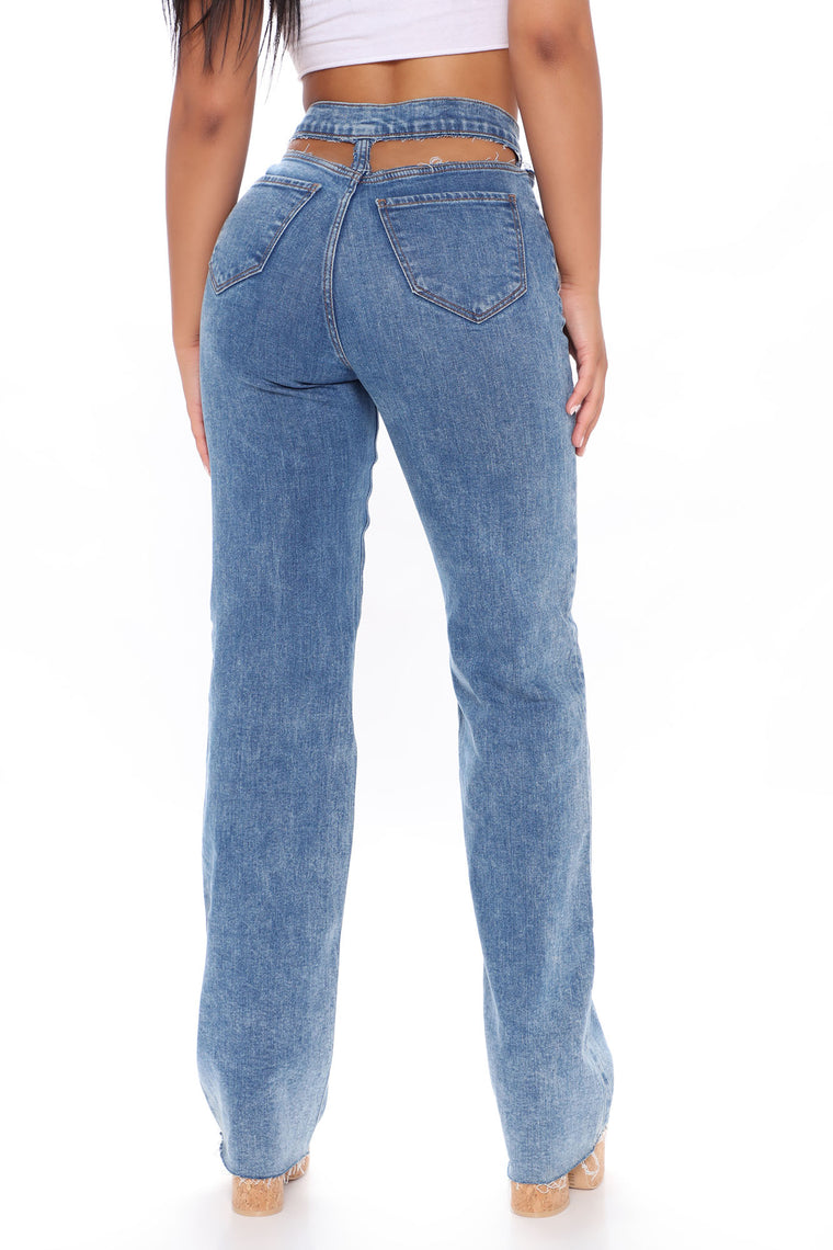 Just Listen Cut Out Straight Leg Jeans - Medium Blue Wash - Jeans ...