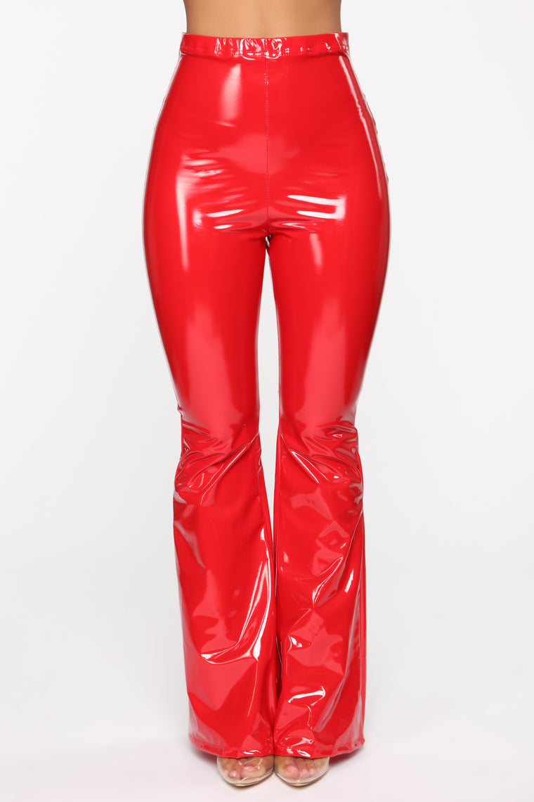 red vinyl flare pants