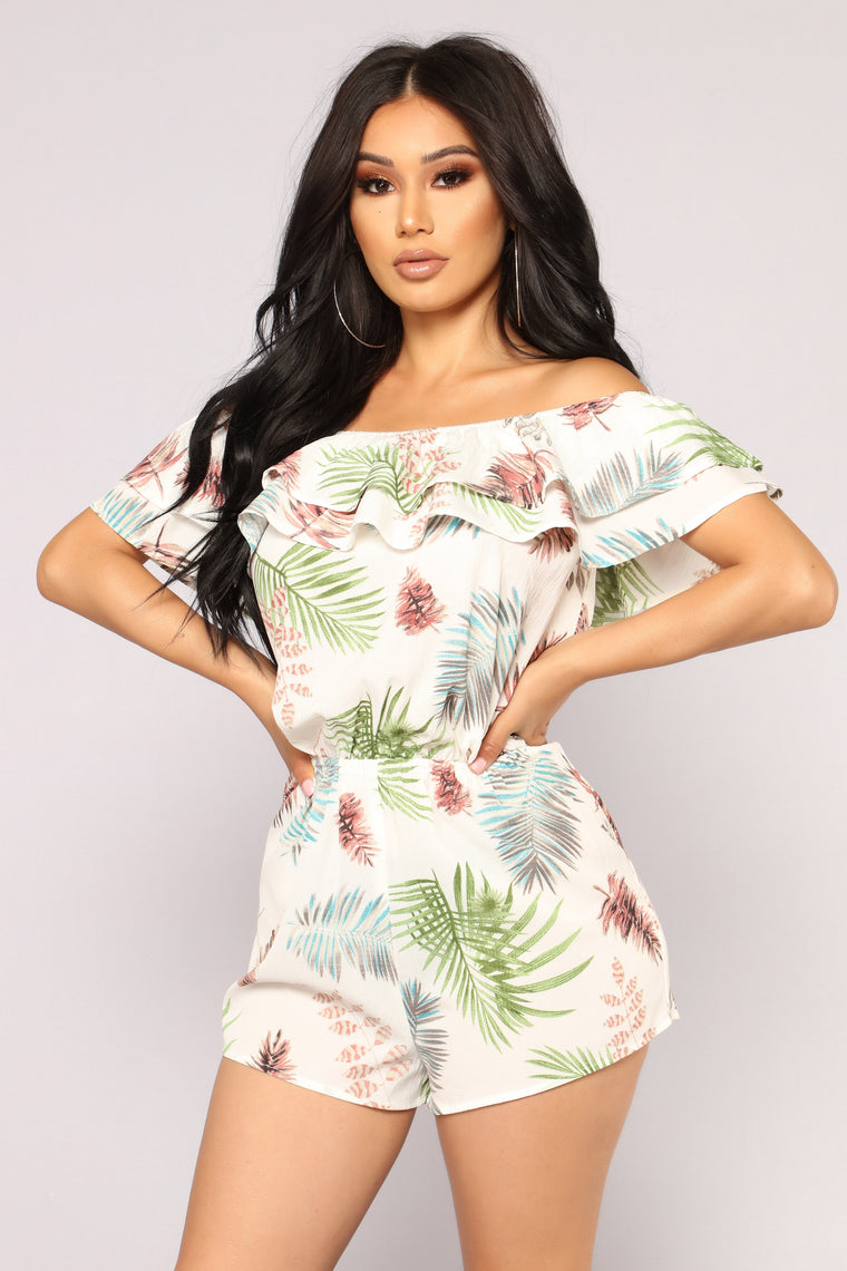 Vacation Spot Off Shoulder Romper - Ivory - Rompers - Fashion Nova