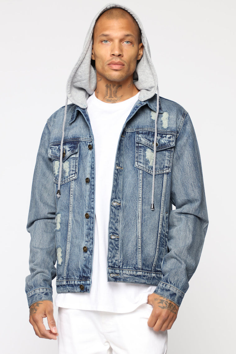 jean jacket with grey hood