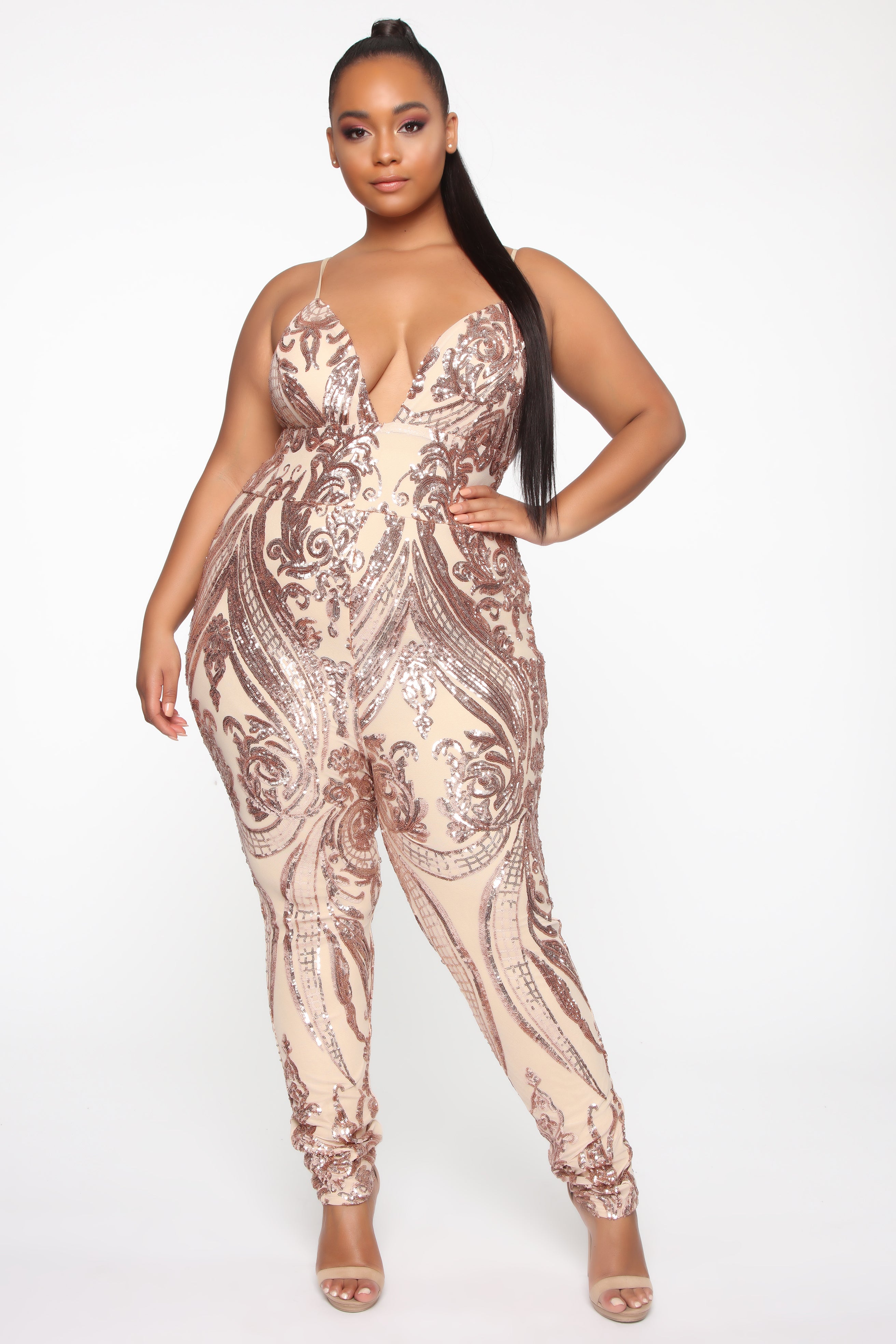 Glow On Sequin Jumpsuit Rose Gold Fashion Nova 