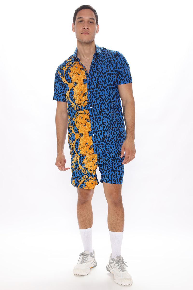 Gilded Leopard Short Sleeve Woven Top - Blue/Gold | Fashion Nova, Mens ...