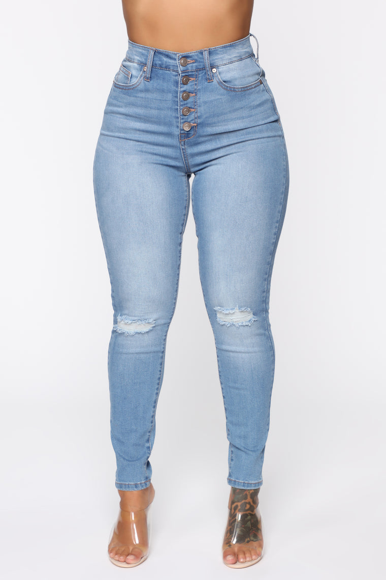 Bad Trip Exposed Button Skinny Jeans - Light Blue Wash - Jeans ...