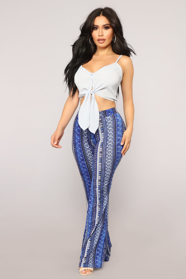 blue and white flare pants