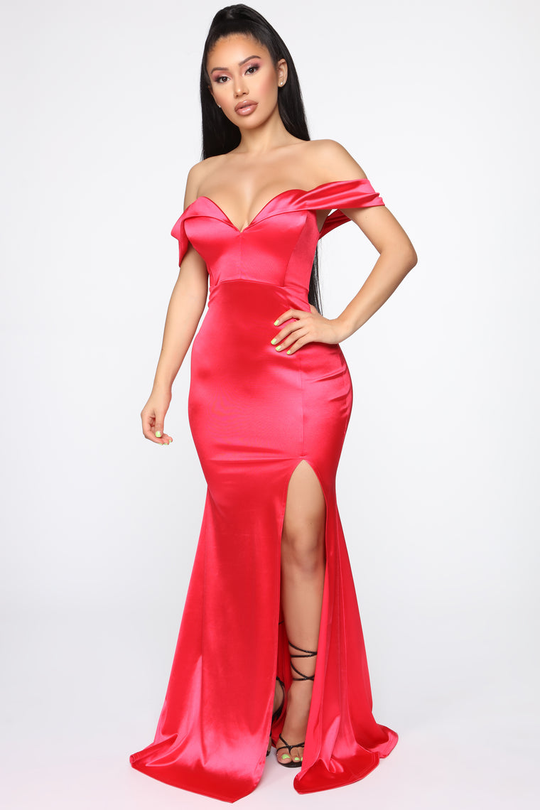 red off shoulder maxi dress
