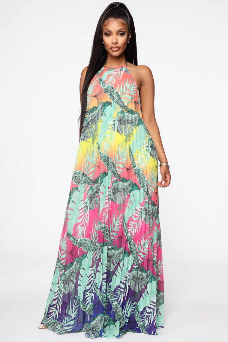 tropical halter maxi dress