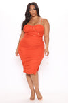 Night Sensation Ruched Midi Dress - Rust