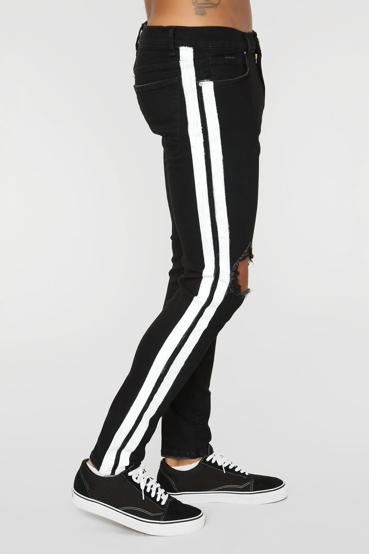 black jeans with white stripe down the side mens