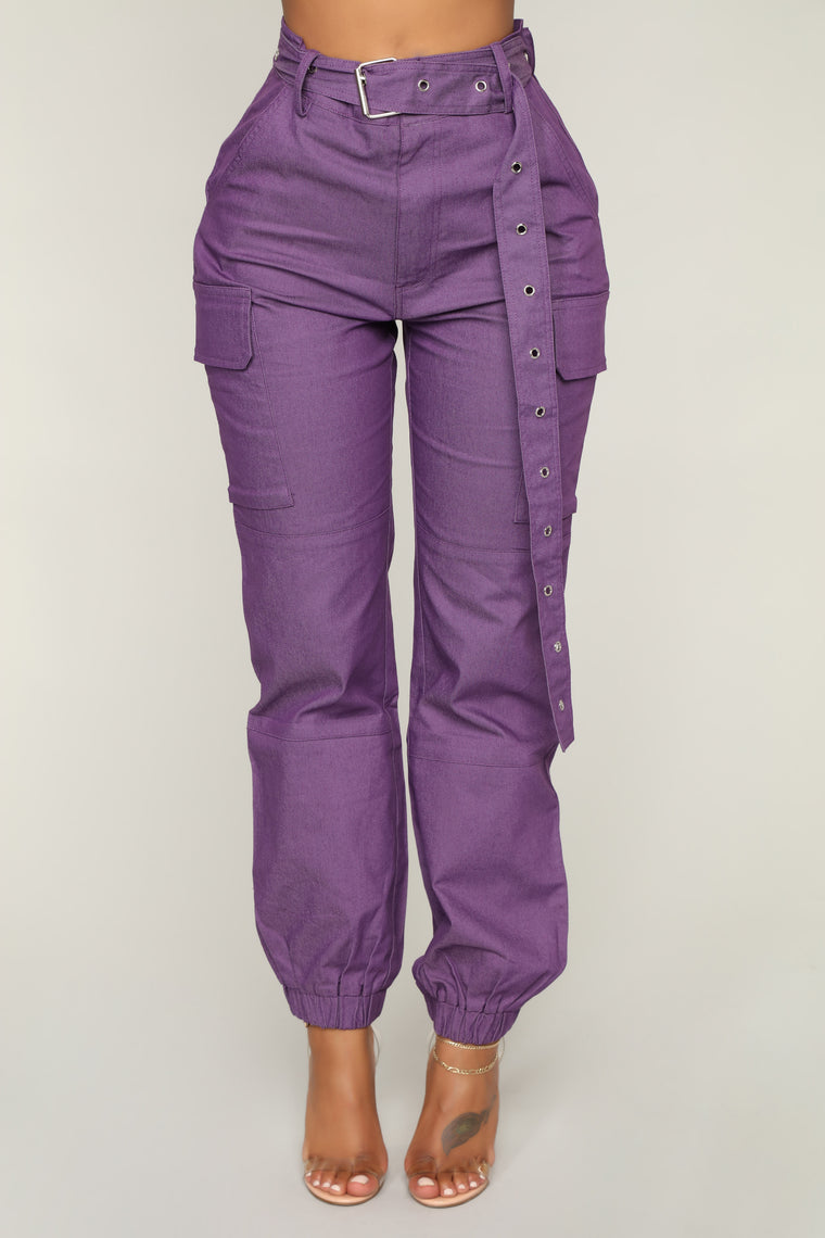 purple and white joggers