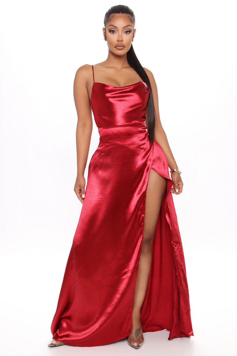 burgundy satin maxi dress