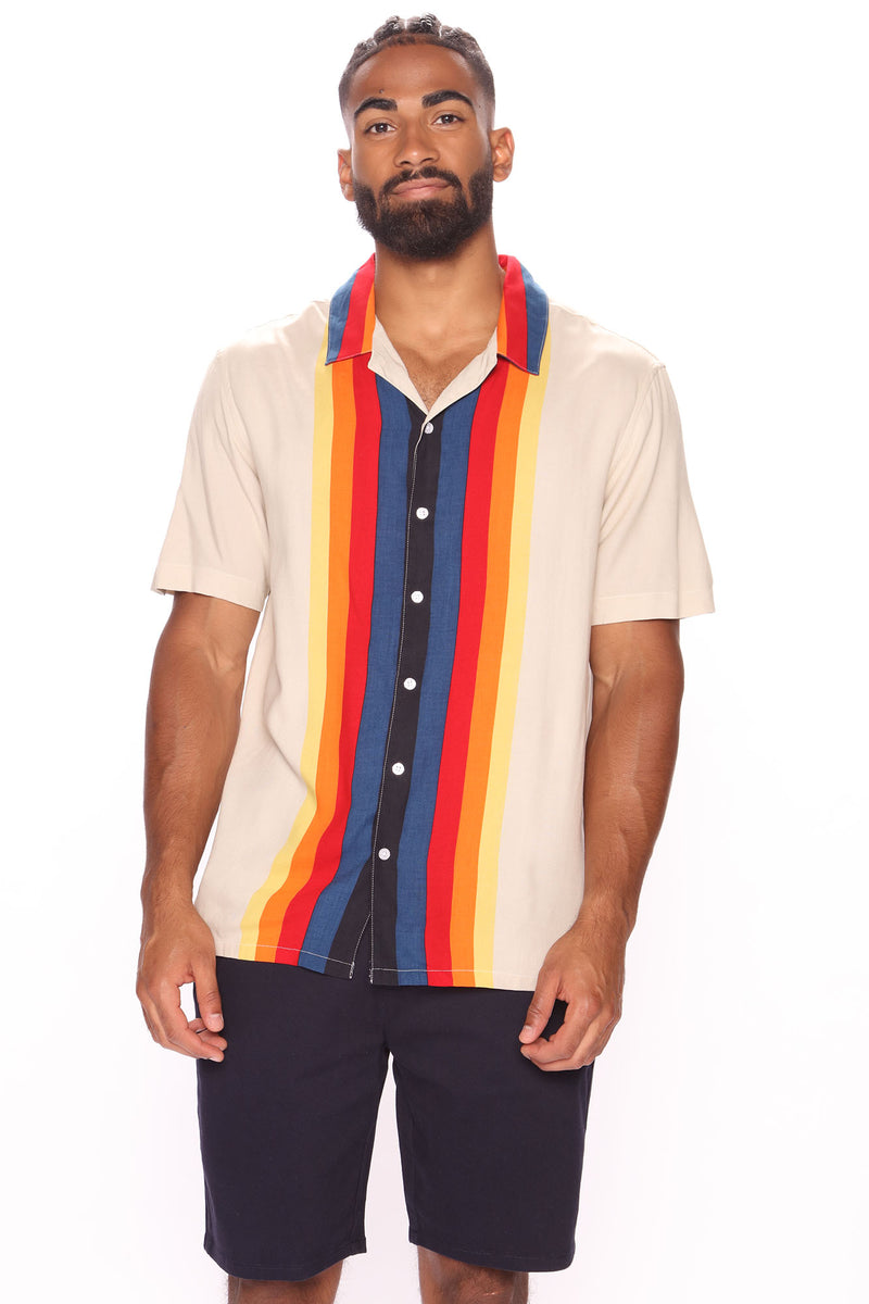 70s Vertical Striped Short Sleeve Woven Top - Multi Color | Fashion ...