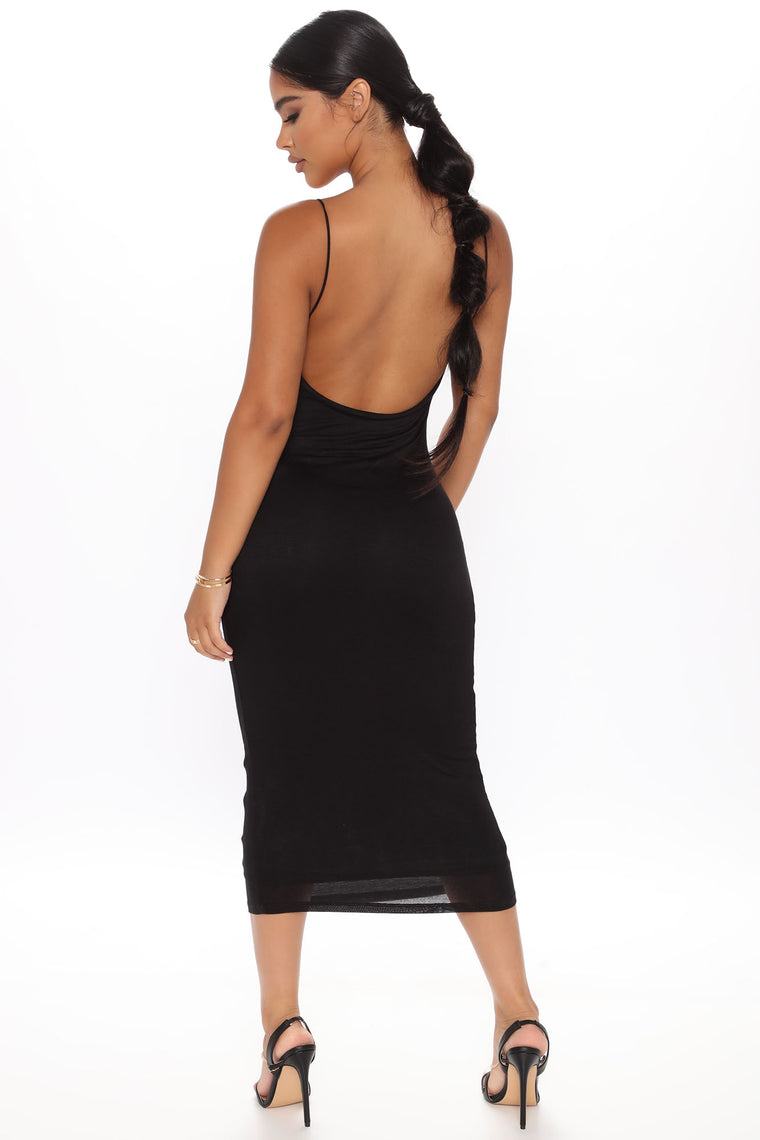 black backless midi dress