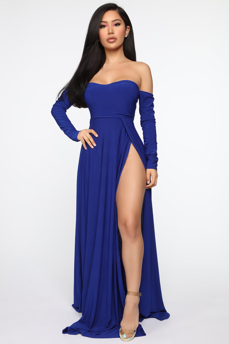 navy blue off the shoulder maxi dress